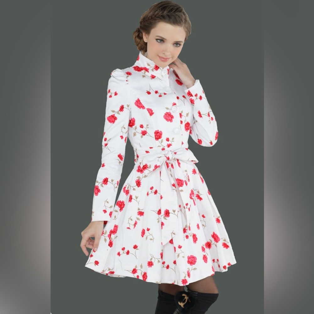 New Red Pink Roses Floral Red and White Fit & Flare Princess Pea Coat